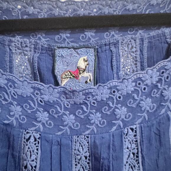 Johnny Was Brigita Blouse Blue Square Neck Eyelet Embroidered Short Sleeve Sz L - Picture 7 of 11